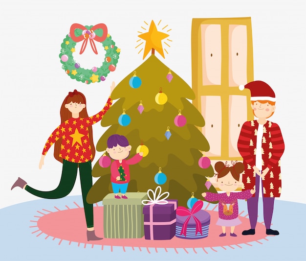 Ouders en kinderen met boom geschenken prettige kerstdagen, gelukkig nieuwjaar