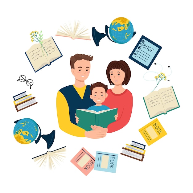 Ouders met een kind lezen een boek globe boeken notebooks glazen tablet vector illustratie