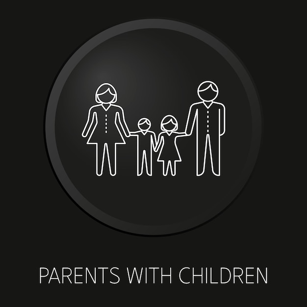 Ouders met kinderen minimaal vectorlijnpictogram op 3D-knop geïsoleerd op zwarte achtergrond Premium Vector