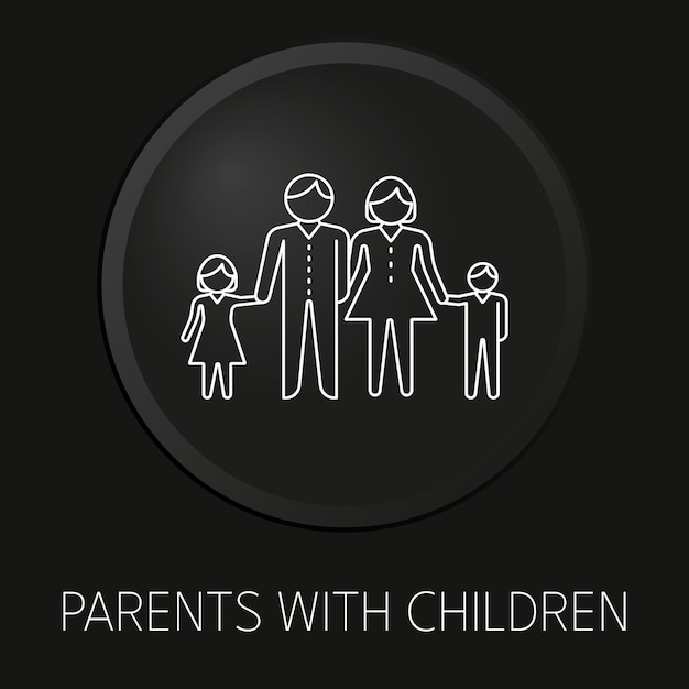 Ouders met kinderen minimaal vectorlijnpictogram op 3D-knop geïsoleerd op zwarte achtergrond Premium Vector