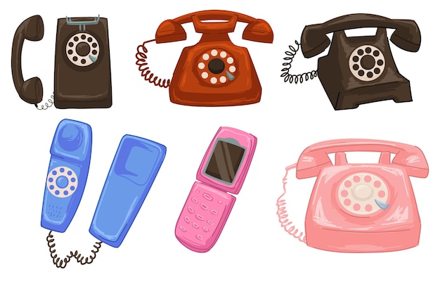 Ouderwetse ontwerpen van telefoons met draden en snoeren. Geïsoleerde retro en vintage cellen, telecommunicatie en verbinding, apparatuur en apparaat om op lange afstand te bellen. Vector in vlakke stijl