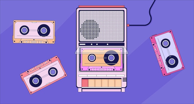 Vector ouderwetse speler cassettebandjes lofi behang draagbaar apparaat vintage 2d objecten cartoon platte illustratie retro compacte recorder muziek jaren 80 chill vector kunst lo fi esthetische kleurrijke achtergrond