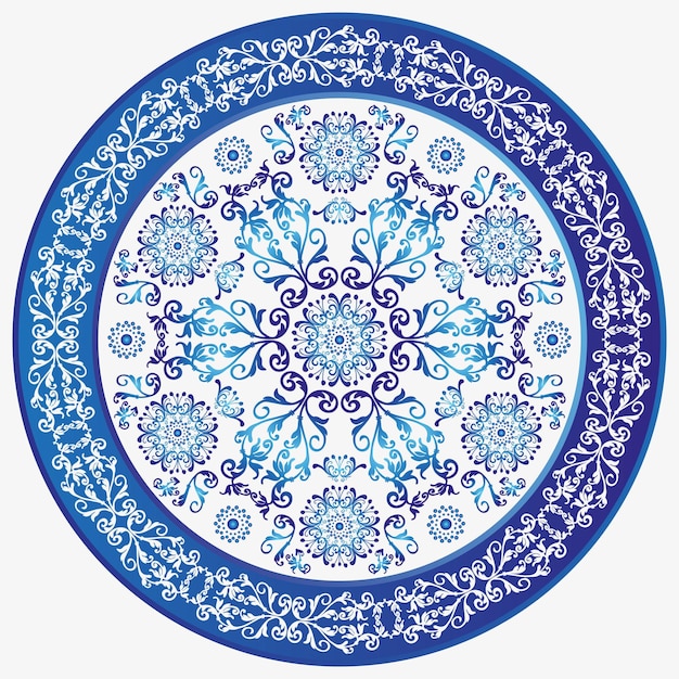 Ound white and blue vintage floral plate in style gzhel