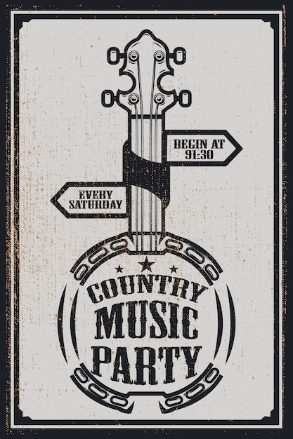Vector Ð¡ountry music party poster template. vintage banjo on grunge background.  illustration