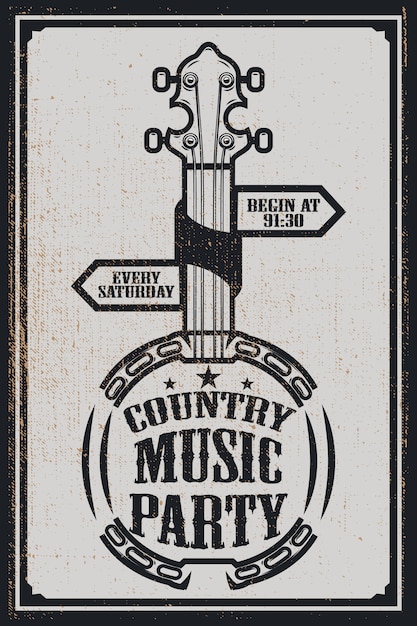 Ð¡ountry Music Party Poster Template. Vintage Banjo On Grunge Background.  Illustration