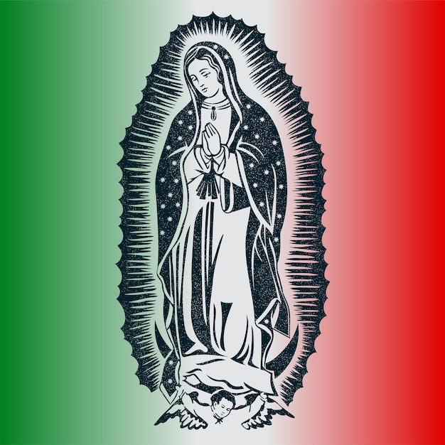 背景のメキシコの旗を持つグアダルーペの聖母