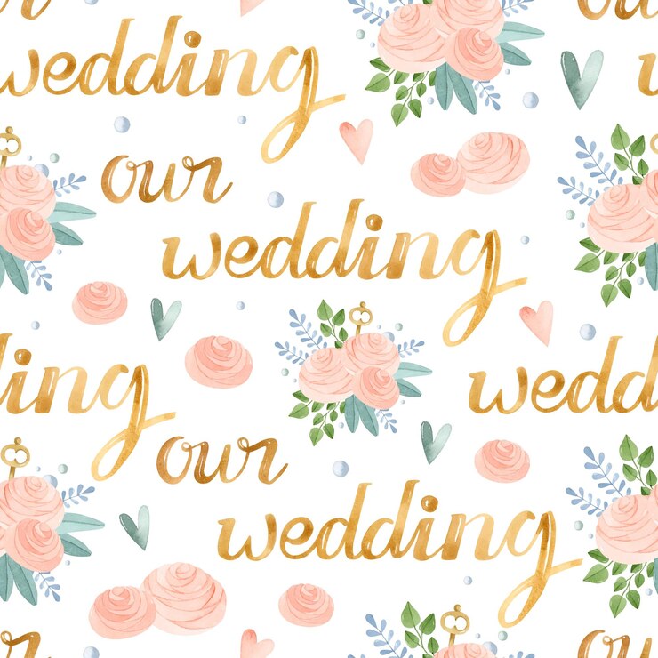 Vector our wedding golden lettering and rose bouquets watercolor seamless pattern