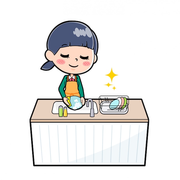 Out line school girl Green_cook-Dishwash