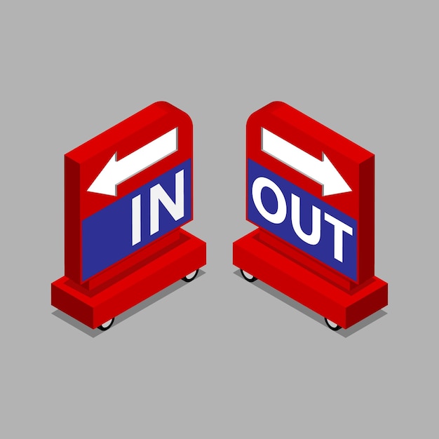 In out red colour sign on gray background