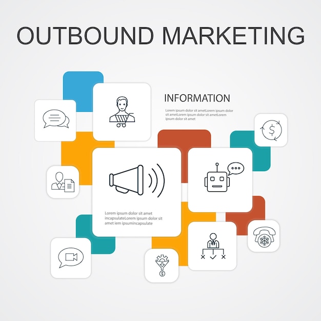 Outbound marketing infographic 10 line icons template conversion customer lead generation cold calling simple icons