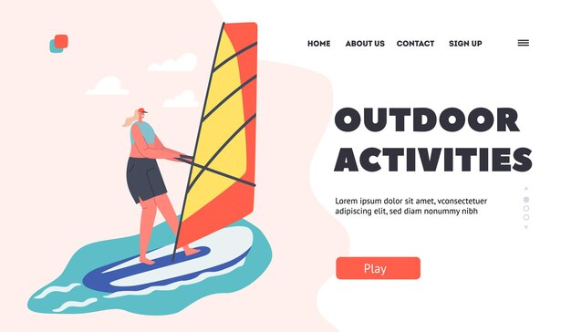 Outdoor Activities Landing Page Template Sportswoman Character Sailing Woman Riding Sea Waves by Sail Relax at Summer