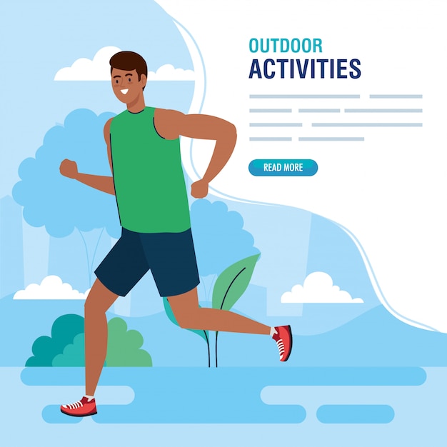 Outdoor activities, man afro running outdoor, sport recreation exercise