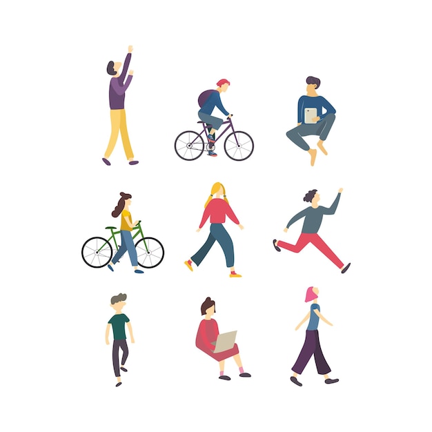 Outdoor activity character set doodle drawing. Sports people bundle. For postcard, poster and packaging design. Hand drawn flat vector illustration in cartoon style isolated on white background