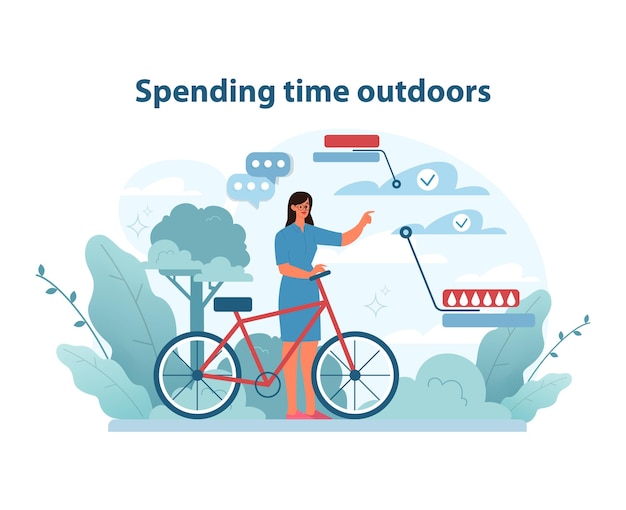 Vector outdoor activity illustration a woman with a bicycle enjoys the fresh outdoor air symbolizing active