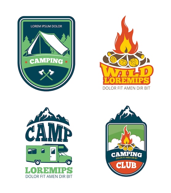 Outdoor adventure camp, wandelen camping vector labels, emblemen, logo's, badges. reis met kampvuur,