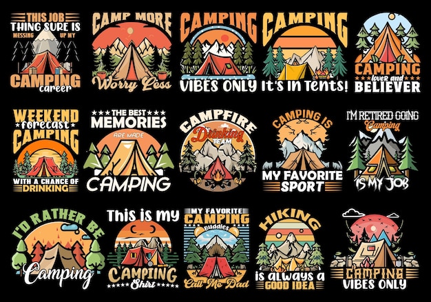 Outdoor adventure camping t shirt vector bundle set design camping adventure outdoor mountain design