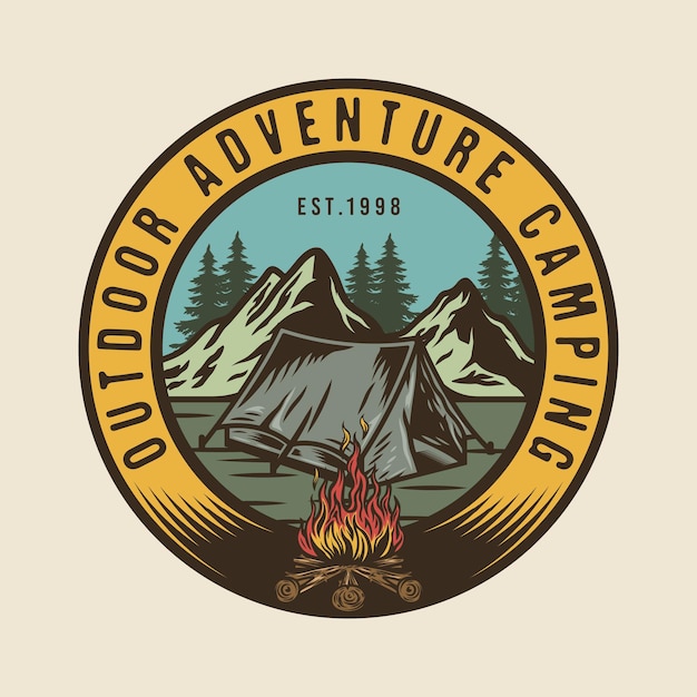 Outdoor adventure camping tent and campfire badge design with
nature mountain scene