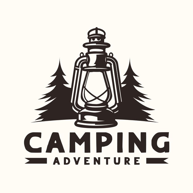 Vector outdoor adventure design lantern and pine trees