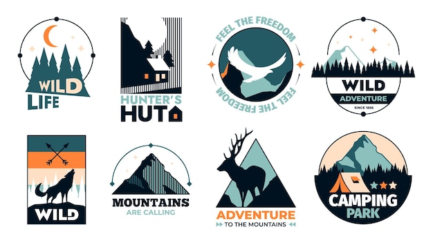 Outdoor adventure emblem Mountain rock peak hiking camp label with backpack and equipment mountain with snow and forest Vector nature expedition label set Hunter hut wild life night wood