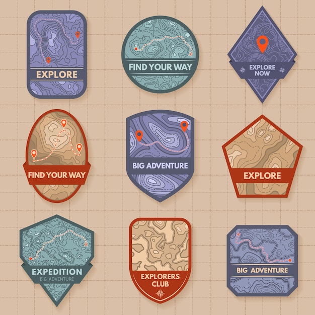 Vector outdoor adventure emblem topographic map badges travel route planning patches and camp labels with mountain heights texture