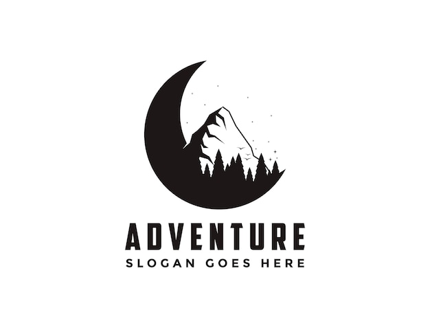 Outdoor adventure travel logo with crescent, mountain and pine trees