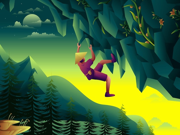 An outdoor adventurer is free climbing a very steep mountain. vector landscape landscape.