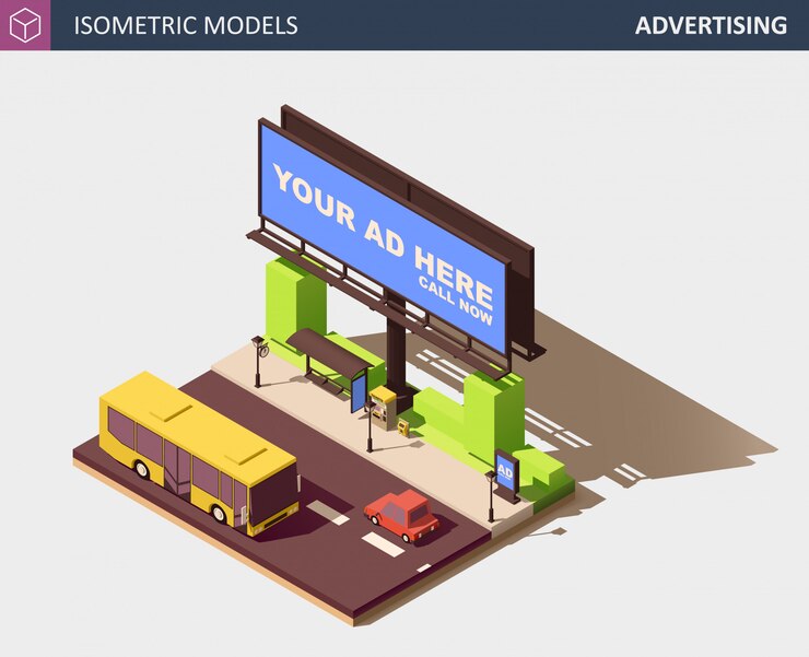 Vector outdoor advertising concept with billboard. isometric illustration.