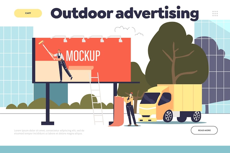 Vector outdoor advertising landing page with workers install new poster mockup for advertisement on billboard. professional marketing advert team installation of promotion. cartoon flat vector illustration
