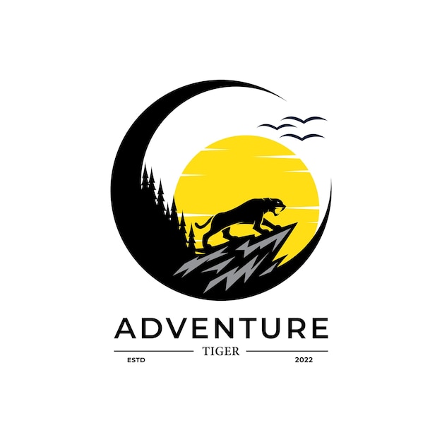 Outdoor avontuur logo sjabloon badge vintage van nacht met tijger en bos logo embleem