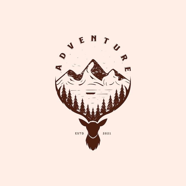 Outdoor avontuur vintage logo vector illustratie ontwerp herten gewei illustratie logo concept berglandschap illustratie ontwerp hand getekend buiten illustratie sjabloonontwerp