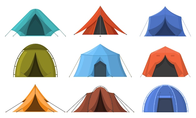Outdoor avontuurlijke camping toeristische slaaptenten. Wandelen, reizen recreatie toeristische rust tenten vector illustratie set. Outdoor accommodatie kampeertenten