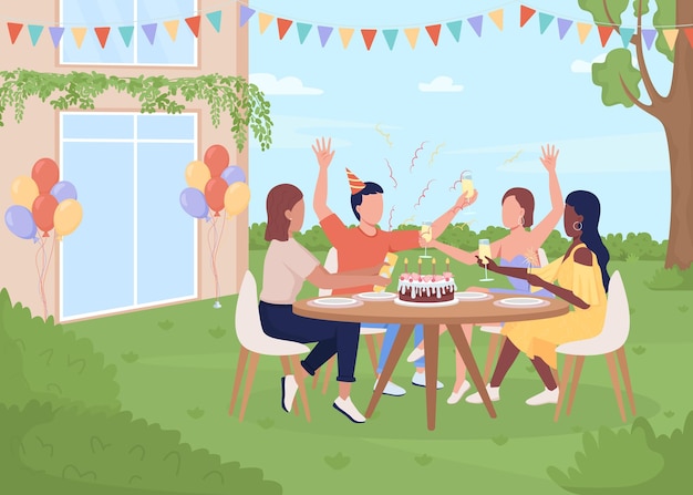 Vector outdoor birthday party flat color vector illustration