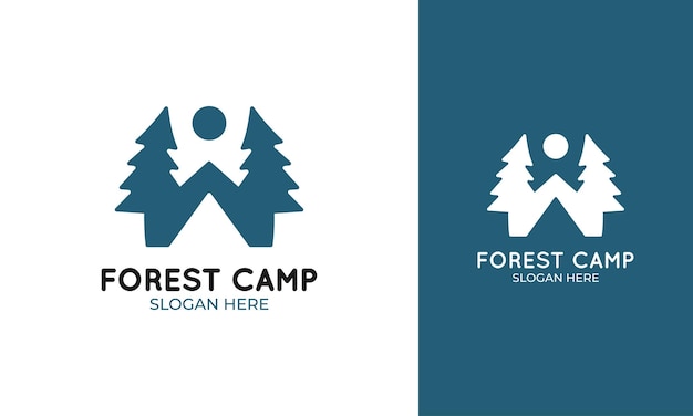 Логотип лагеря под открытым небом с концепцией леса для страсти к путешествиям или исследователя