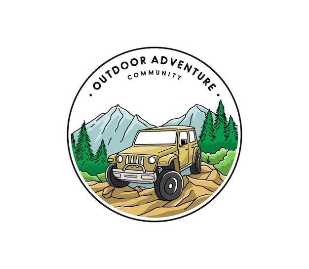 Outdoor camping badges ilustration, outdoor stickers design met monoline-stijl