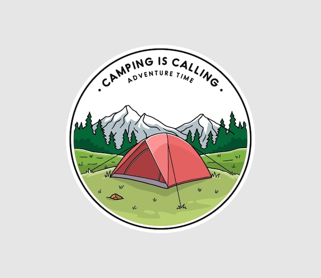 Outdoor camping badges ilustration, outdoor stickers design met monoline-stijl