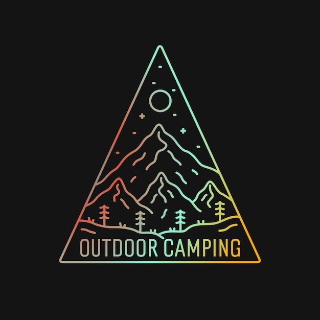 Outdoor camping mono lijn berg ontwerp voor badge patch embleem grafische vector kunst tshirt ontwerp