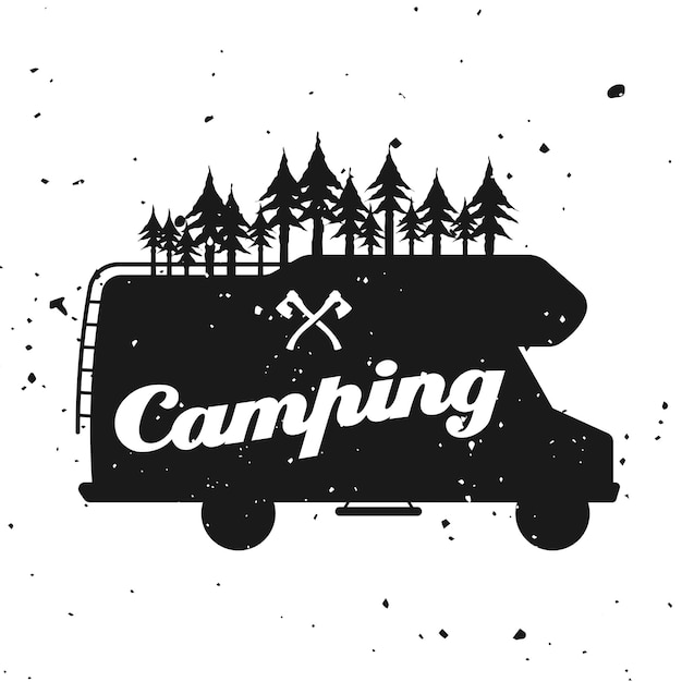 Outdoor camping vector monochroom embleem, label, badge, sticker of logo met camper silhouet en bos geïsoleerd op gestructureerde achtergrond