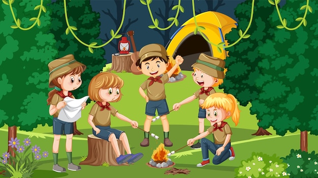 Vector outdoor camping with scout kids