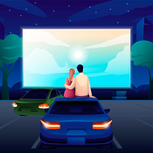 Outdoor Cinema Open Air Movie Night Screen With Film Outdoor Theatre People Sitting In Cars At Festival Couple At Car Roof Drive In Entertainment Event