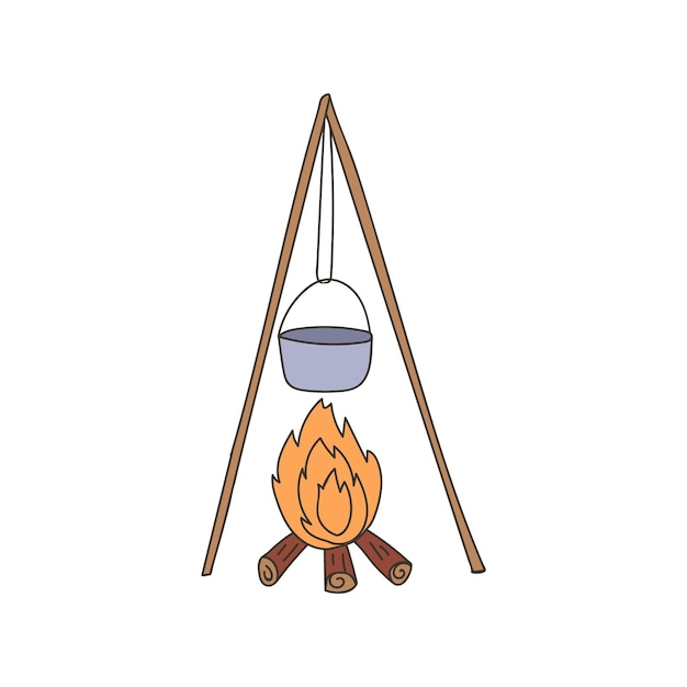 Vector outdoor cooking on campfire with iron pot in vector