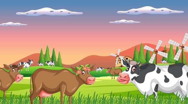 Outdoor cow farm scene with happy animals cartoon