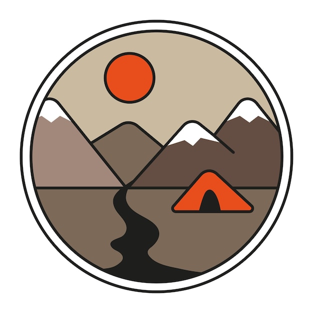 Outdoor emblem with mountains river and tent Unusual hipster style patch