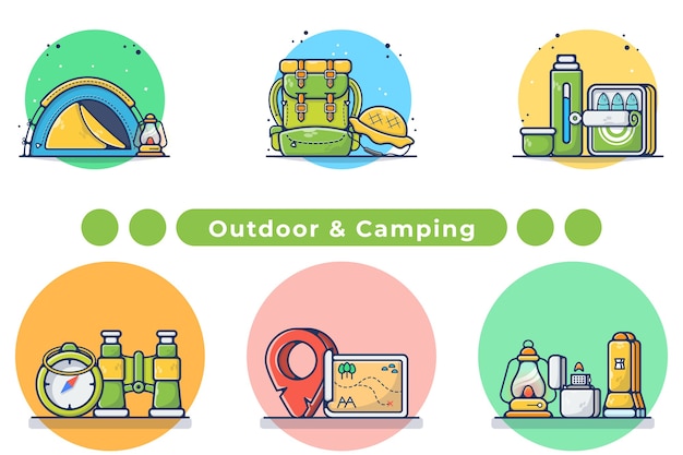 Outdoor en camping gears illustratie in de hand getekend
