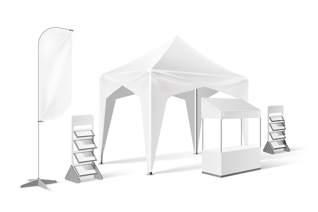 Tenda espositiva all'aperto, tendone pop-up di presentazione con bandiera banner, espositori, stand