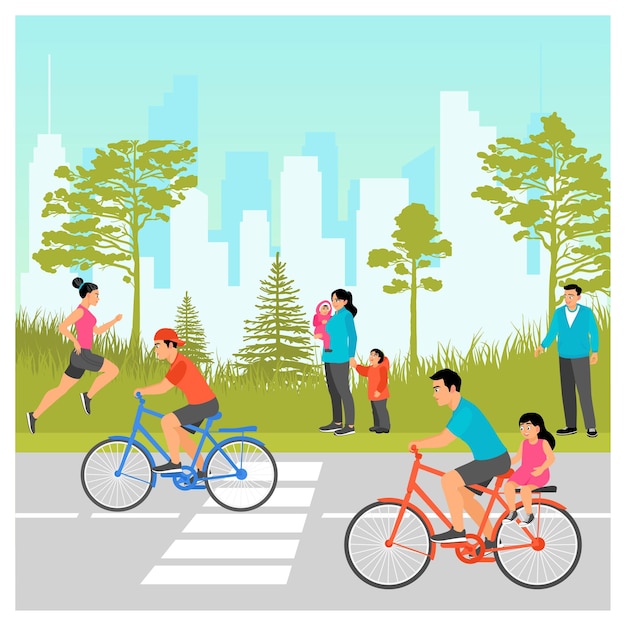 outdoor family activities in a urban park setting featuring biking and running