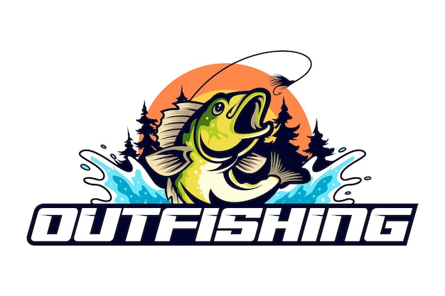 Vector outdoor fishing logo unique and fresh bass fish jumping out of the water