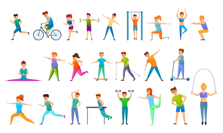 Outdoor fitness icons set, cartoon style