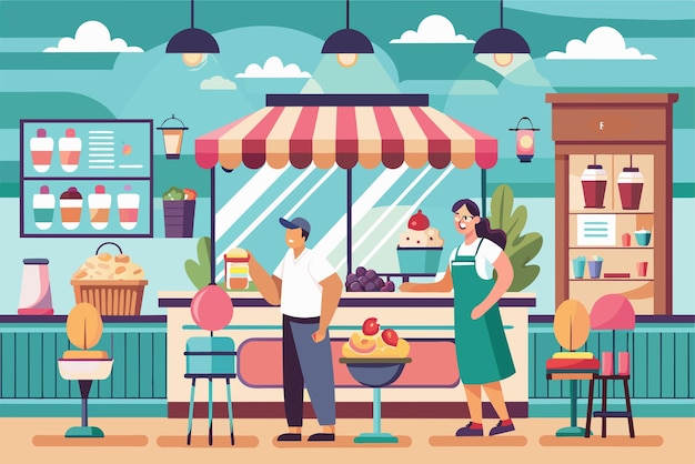 Vector outdoor food market scene featuring a female vendor at a fruit stall a woman holding a glass of juice and a man carrying a basket of lemons the setting includes various plants