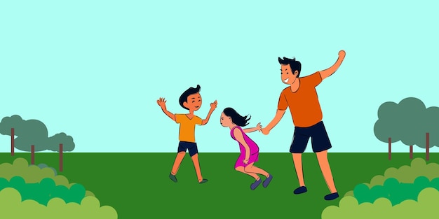 Vector outdoor joint activity happy children and parents playing with toys dad walking together with son