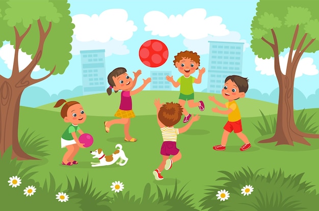 Vettore giochi per bambini all'aperto piccole ragazze e ragazzi divertenti che lanciano palla nel parco della città gruppo di amici felici in natura bambini in età prescolare che giocano nel prato prazzo estivo splendido concetto vettoriale